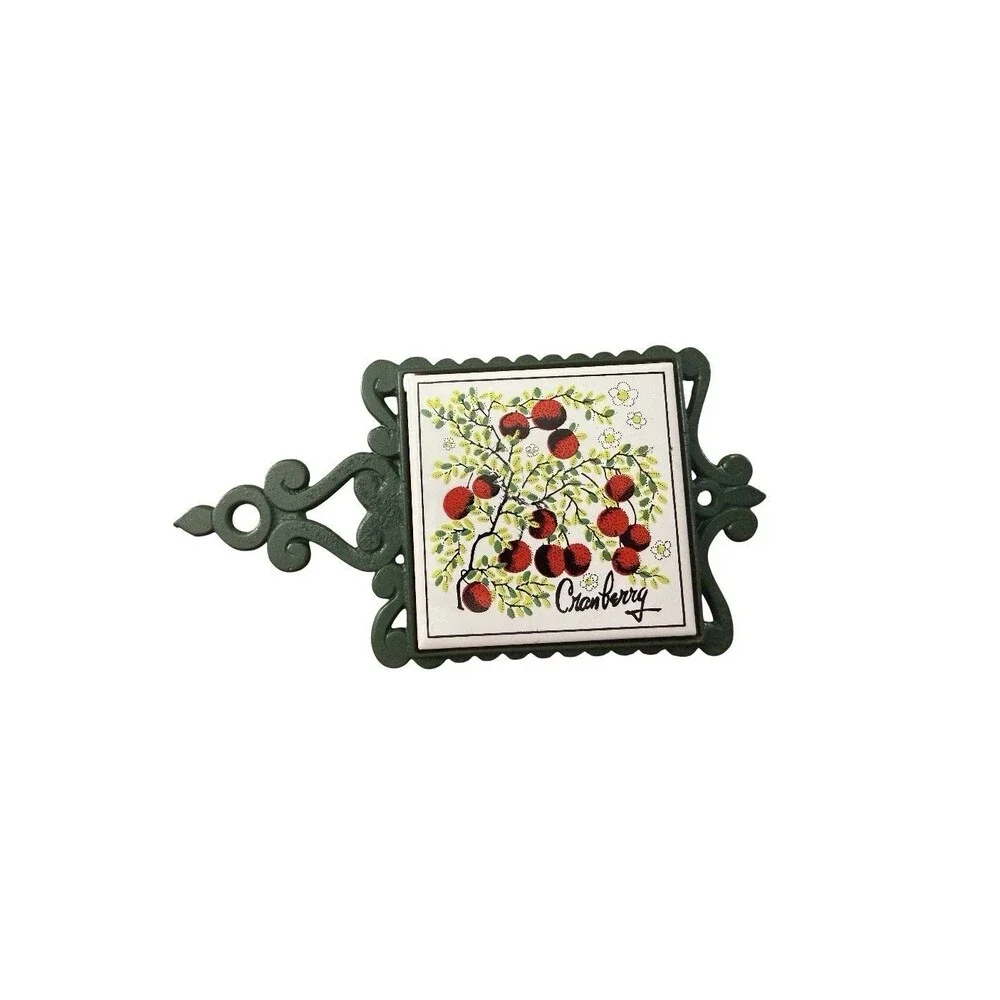 Vintage Cast Iron Ceramic Tile Cranberry Trivet Taiwan Retro Green